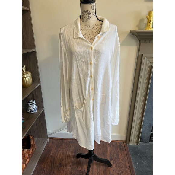 Flax Tops - Flax White Tunic Shirt Cover Up Button Front Long Sleeve Oversized Crinkle Gauze